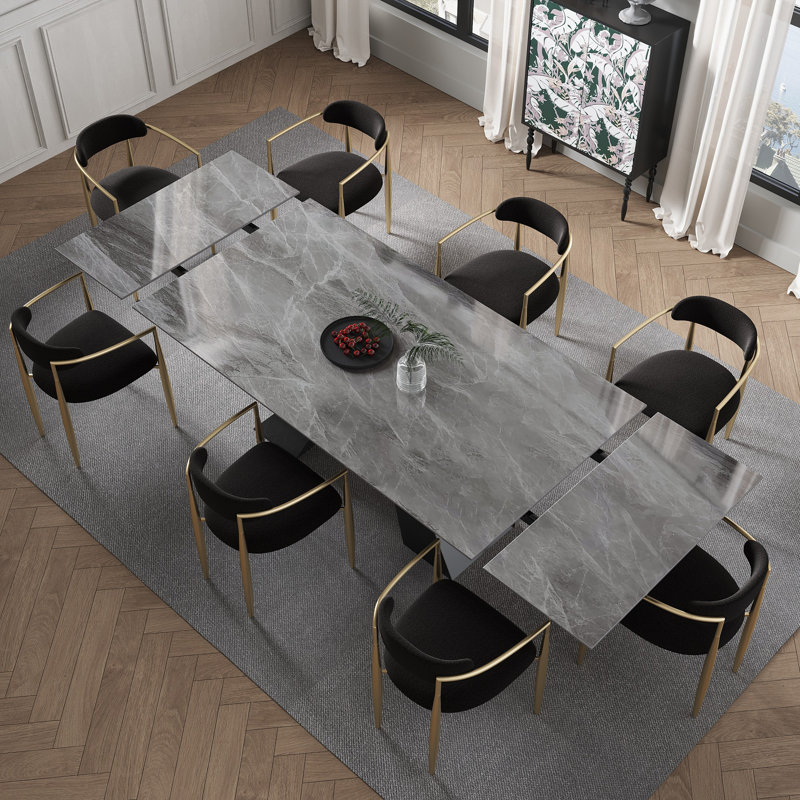 9-Piece 110.23" W Extendable Sintered Stone Dining Set, Gray, Black/Gold