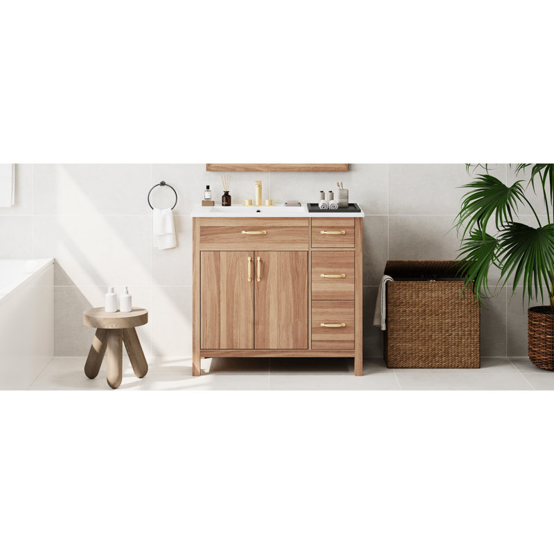 Meuble-lavabo de 36 po avec structure en bois massif, 2 portes à fermeture douce, 3 tiroirs, lavabo en céramique, tablette réglable pour cadre compact, petits espaces de bain