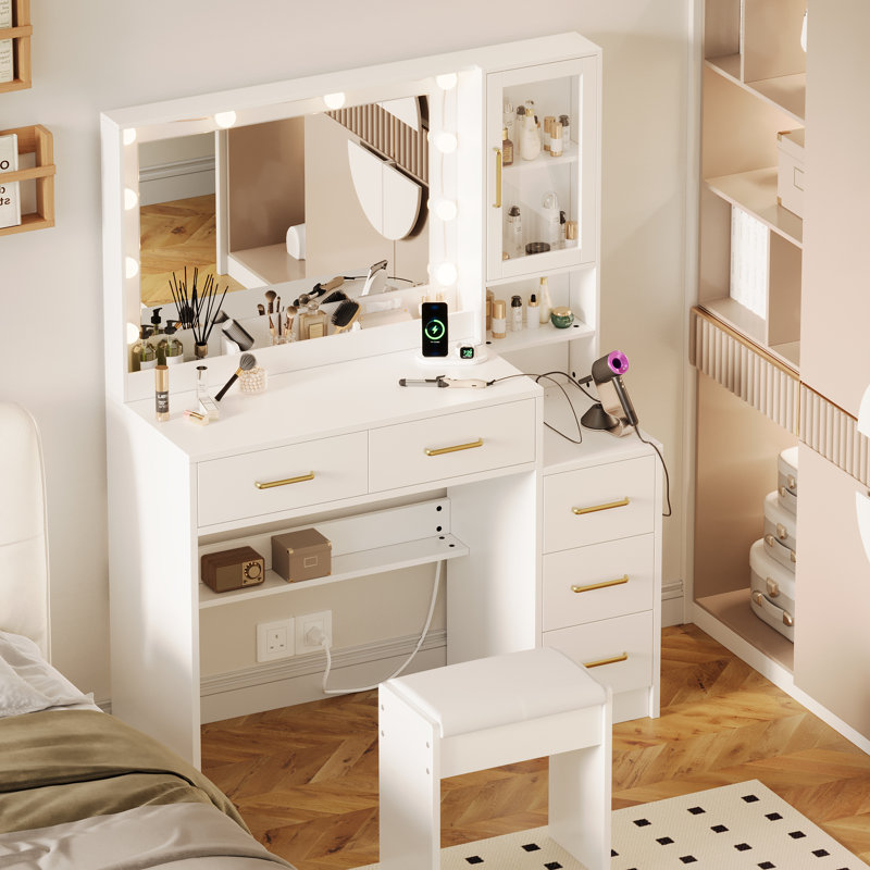Makeup Vanity Desk With Lighted Mirror, Electrical Outlets, 5 Drawers And A Cabinet
