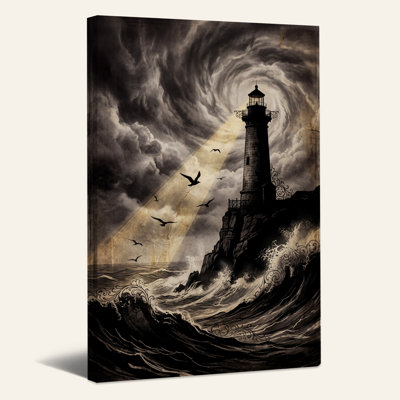 Art mural rétro sur toile, phare et tempête