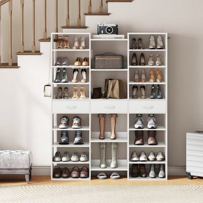 9-Tier Shoe Rack, White Shoe Storage Cabinet with 21 Open Cubbies and 3 Fabric Drawers, 44 Pairs Wide Entryway Shelf for Shoes