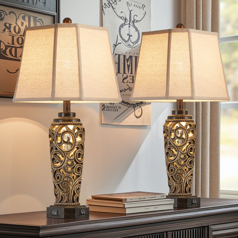 Ensemble de lampes de table 27 "vintage sculptées avec ports USB-c / a et veilleuse - ensemble de 2