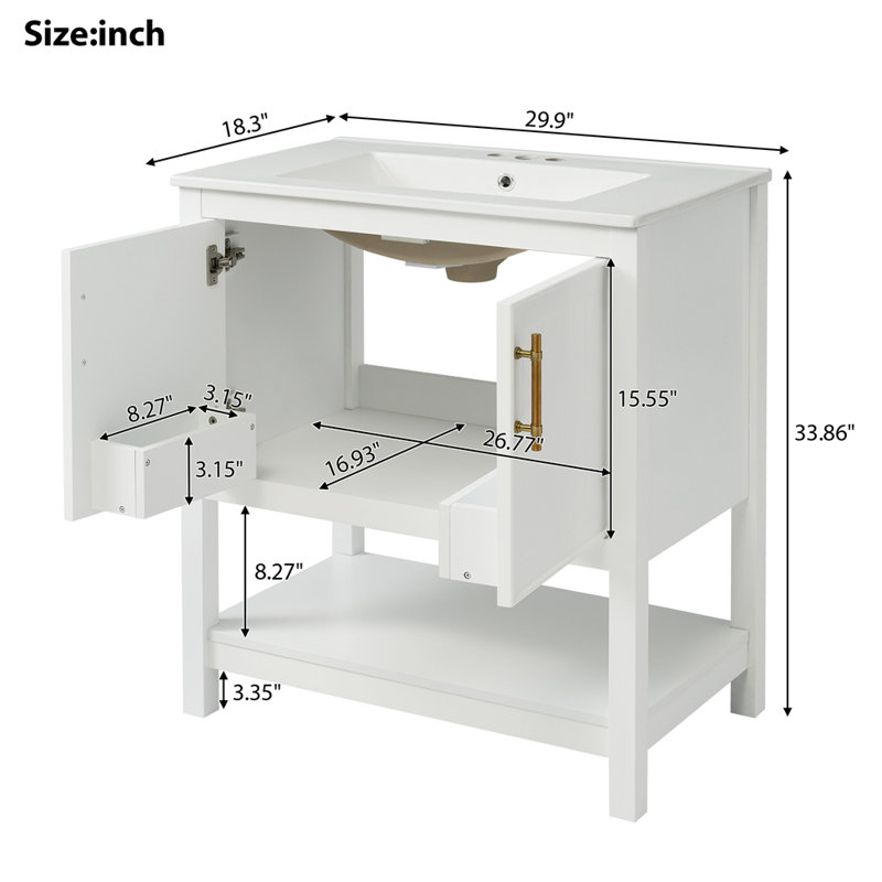 Meuble-lavabo simple 30 po avec comptoir en céramique, Blanc