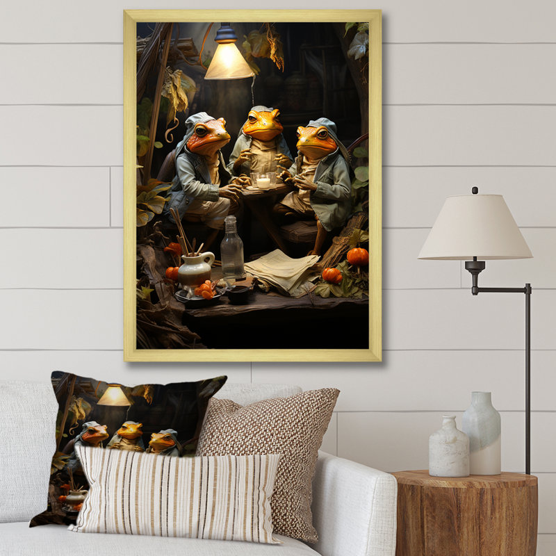 Grenouille, monarchie I sur toile, H 32 po x l 16 po x P 1 po, Cadre doré simple