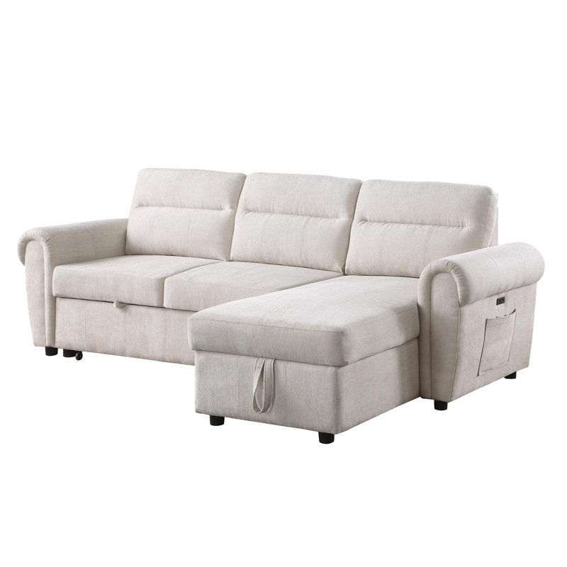 Canapé-lit modulaire réversible en chenille avec chargeurs USB, poches pour téléphone / magazine, Beige