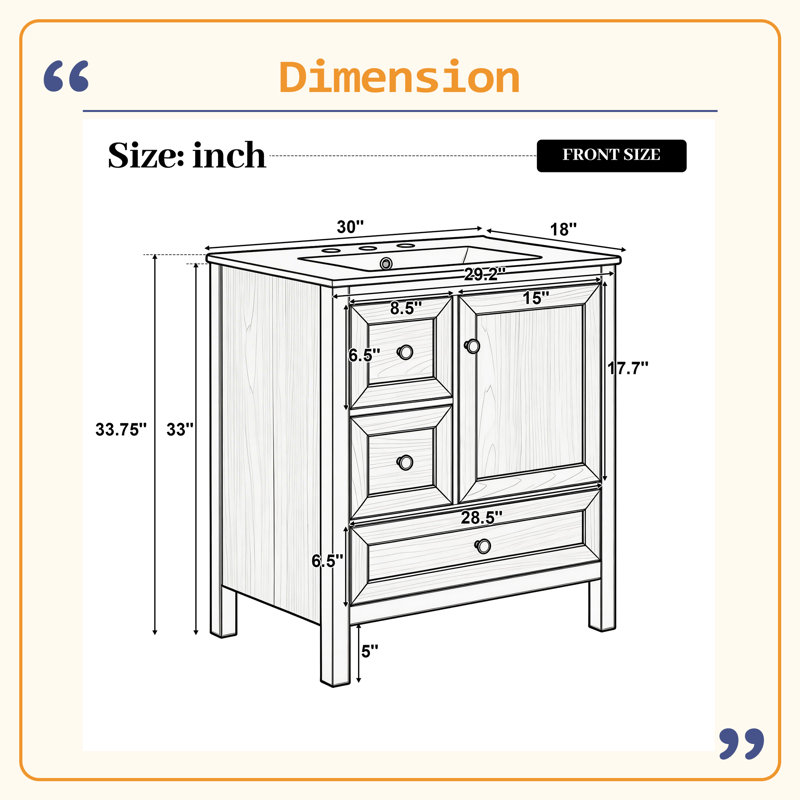 Meuble-lavabo contemporain durable en grain de bois de 30 po avec lavabo en céramique, pieds en bois massif, tablette réglable et porte et tiroir à fermeture en douceur, support de rangement, conception à dossier ouvert