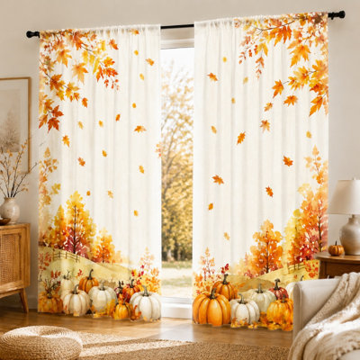 2Pcs Autumn Maple Leaves and Pumpkins Curtains with Watercolor Landscape Print, Fall Theme, Rustic Style, Decorative Window Panel, Ideal for Living Room, Dining, Seasonal Decor, Light Filtering, Rod Pocket Hanging