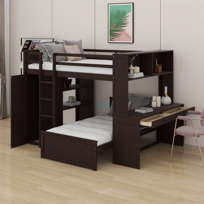 Lit mezzanine avec lit autonome, tablettes, bureau et garde-robe