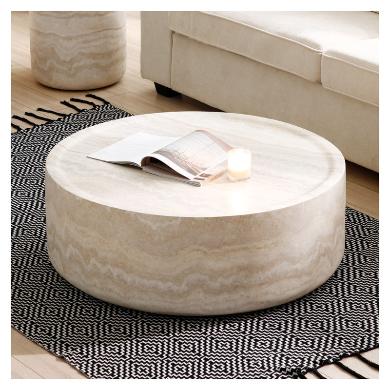 Table basse 35,43 po ronde en faux travertin - aucun assemblage requis, H 16,14 po x L 38,58 po x l 38,58 po