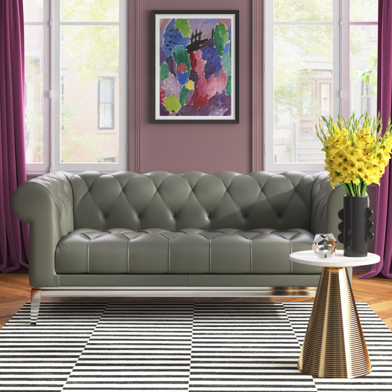 Idyll Tufted Button Upholstered Leather Chesterfield Loveseat, Gray Genuine Leather