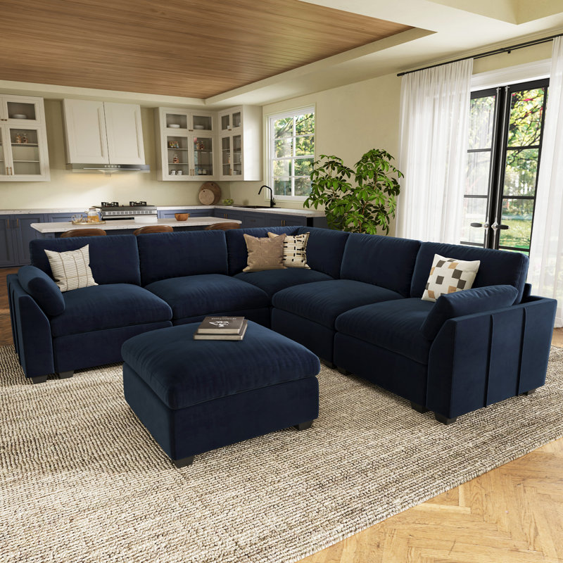 Modular L-Shaped Sectional with Removable Ottoman , Blue Velvet