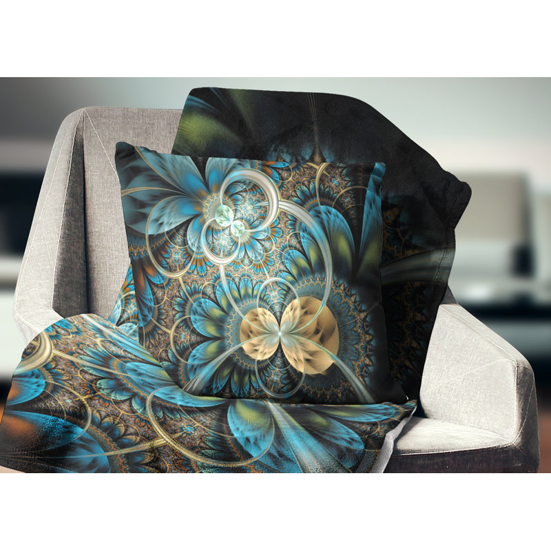 Symmetrical Blue Gold Fractal Flower - Abstract Printed Pillow, 18" x 18", Throw Pillow