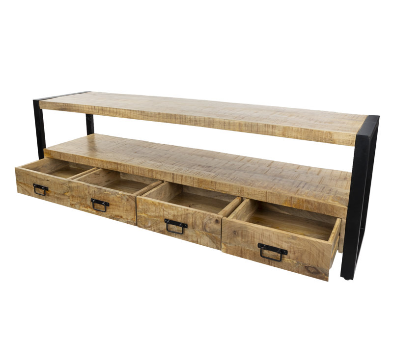 71" Solid Mango Wood Industrial TV Stand with Storage Drawers, 24"H x 71"L x 18"W