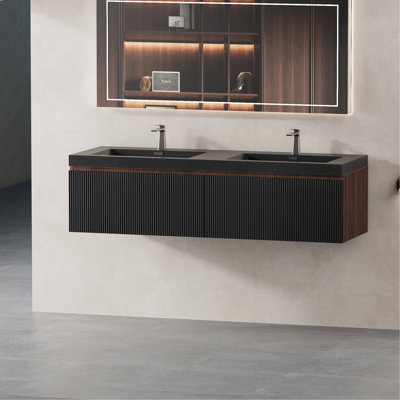 60"Floating Bathroom Vanity With Sink Combo, Modern Wall-Mounted Striped Bathroom Storage Cabinet With Soft-Close Drawers And Double Quartz Sand Basins