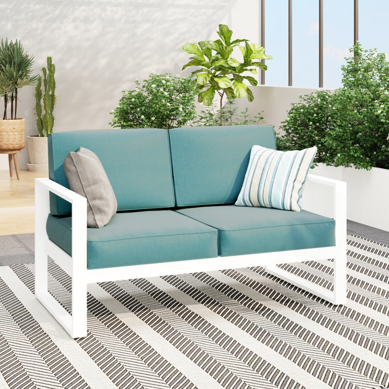 Causeuse de patio en aluminium avec coussins, Structure blanche / coussin turquoise
