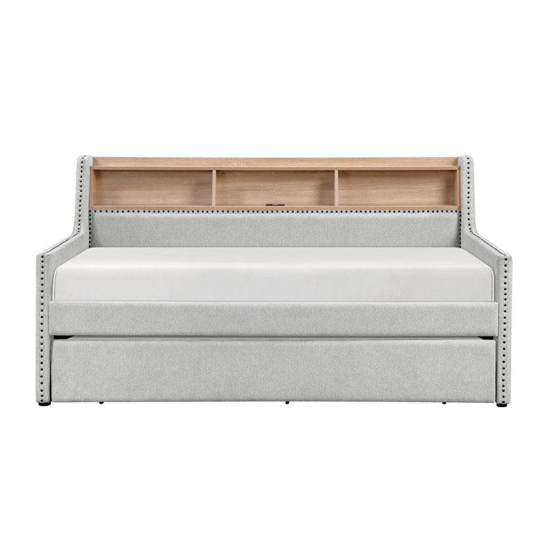 Lit de jour gris clair 1Pc avec bibliothèque gigogne escamotable