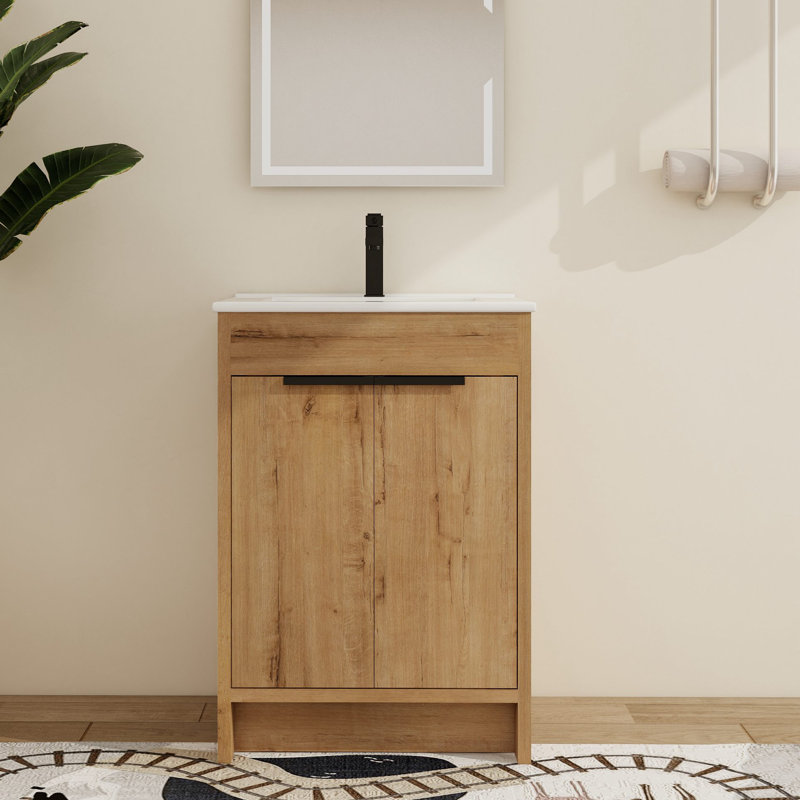Beid 24" Freestanding Bathroom Vanity with Sink, Floor Standing Vanity with 2 Doors, Ceramic Basin Sink Top, White, 24"