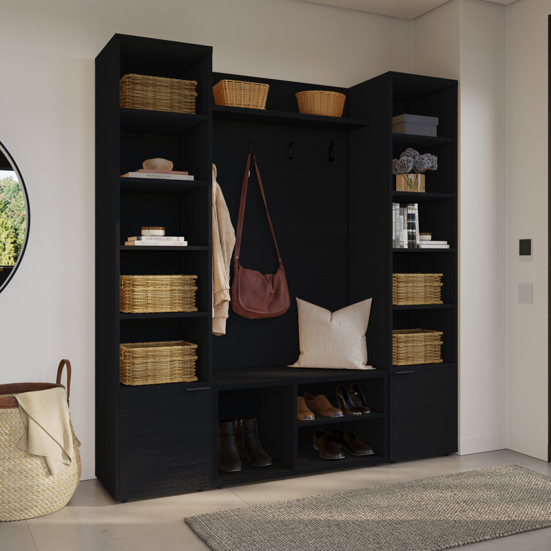 Porto Entryway Wall-Mounted Coat Rack with Shelf with Storage Bench and 2 Storage Towers, Black