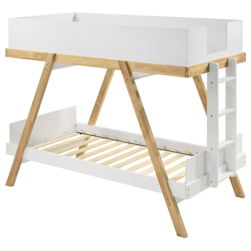 Anky Twin Size Bunk Bed, Wood Frame, 3 Side Panel Security, White/Brown