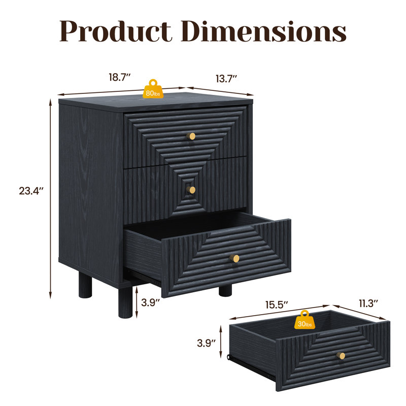 3-Drawer Nightstand With Solid Wood Legs, Black