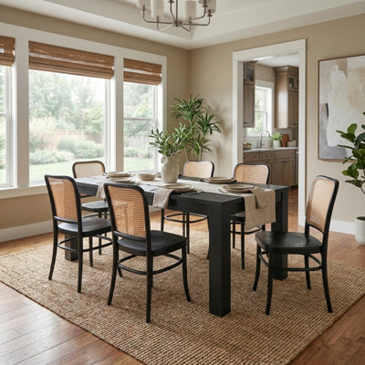 Dining Set - Bedford Rectangular Dining Table - Brushed Black - Sonora Dining Side Chair - Black Wood Seat - Natural Rattan