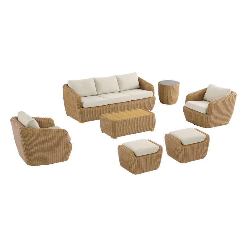 Ensemble de conversation d'extérieur en osier avec chaises pivotantes Cambelle, Coussin crème/Cadre brun clair