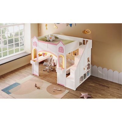 Full Size Wood Castle Loft Bed With Storage Staircase, Desk, Windows, Shelves And Led Light, White+Light Pink