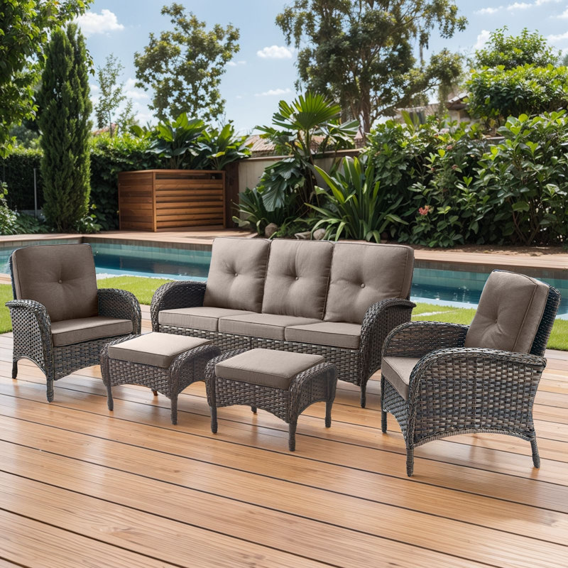 Valierius 5-Piece Outdoor Wicker Patio Furniture With 3 Seat Sofa, Rattan Coversation Set With Water Resistant Cushions, Gray