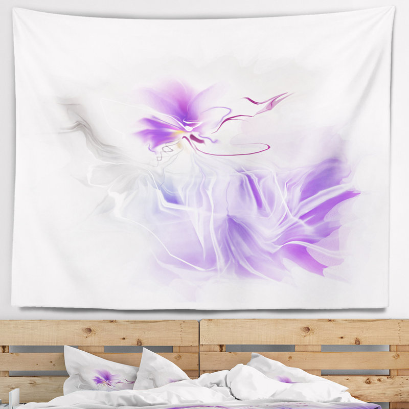 Tapisserie abstraite peinte à motif floral bleu, H 68 po x l 80 po