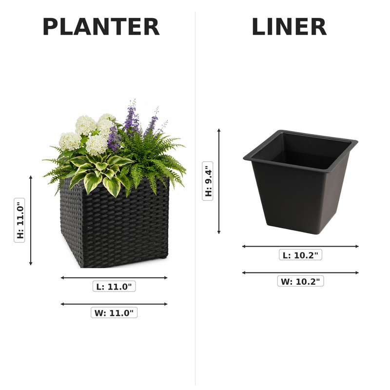 Boîte à fleurs cubique noire en résine tressée de 11 po avec insert SOLHome - pot de fleurs décoratif pour l'extérieur