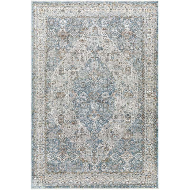 Tapis oriental bleu foncé en viscose / polyester / acrylique tissé à la machine, Rectangle 9 pi x 12 pi