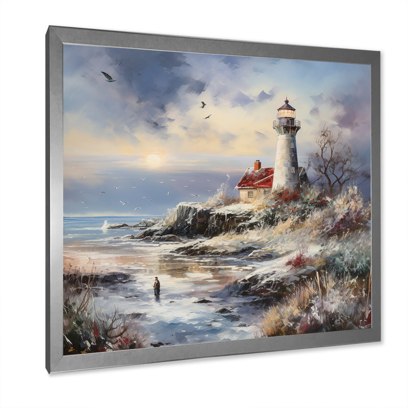 Charme de phare côtier en hiver, Cadre simple argenté, H 30 po x l 30 po x P 1 po