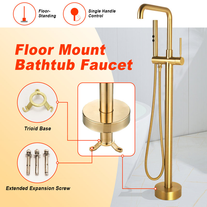 Single Handle Floor Mounted Freestanding Tub Filler with Brass Two-Function Handshower and Diverter, Brushed Gold