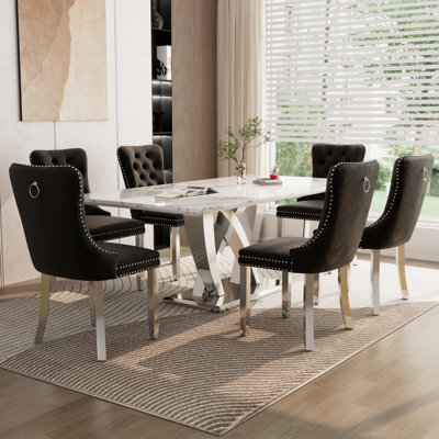 70" Faux Marble Dining Table Set for 6, with 6 Upholstered Chairs