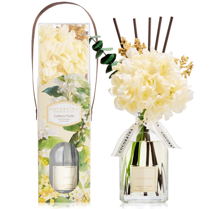Diffuseur à bâtonnets Cashmere Vanilla Floral Basket Collection, 250 ml, parfum d'intérieur décoratif avec bâtonnets de roseau