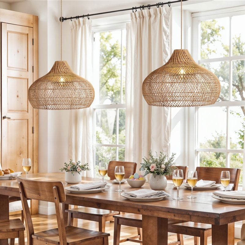 Kloe Rattan Pendant Light - 24" Natural Dome Handwoven Light Fixture For Kitchen Island, Dining Room or Living Room in Modern and Farmhouse