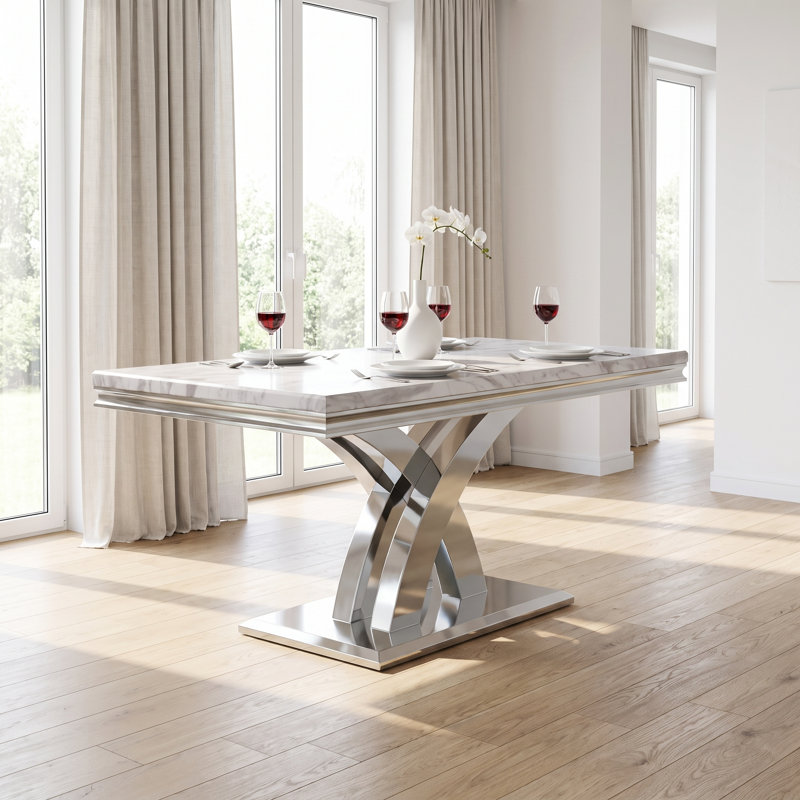 Collina Faux Marble Top Metal Base Dining Table, White/Gray/Silver