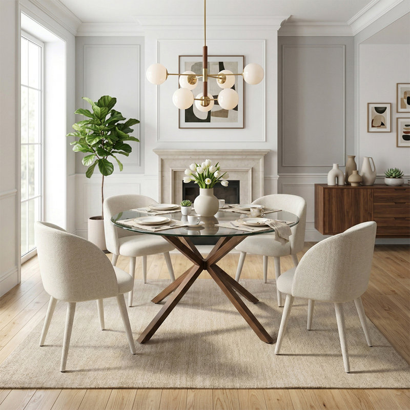 Ensemble de table de salle à manger 39 "en verre avec 4 fauteuils rembourrés, Beige