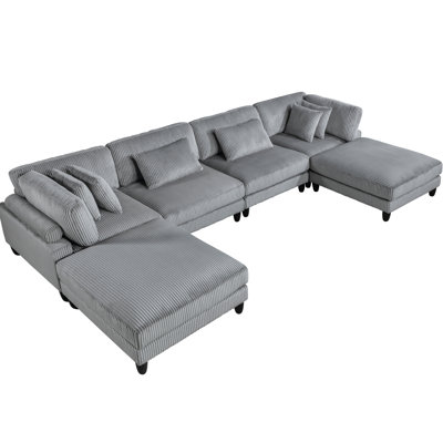 6Pc Modular Sectional In Gray Corduroy Style Upholstery - 2 Armless Chairs, Corner Seats, Ottomans And Enrapturing Pillows With Cover Wonderful
