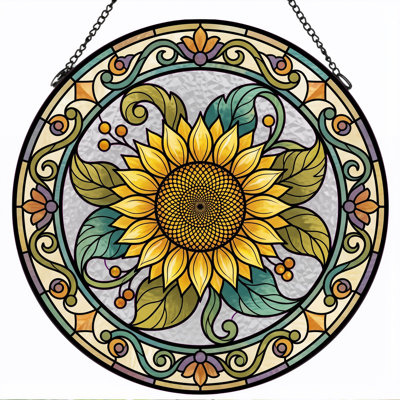 Sunflower Stained Stained Glass Window Panel，12"H