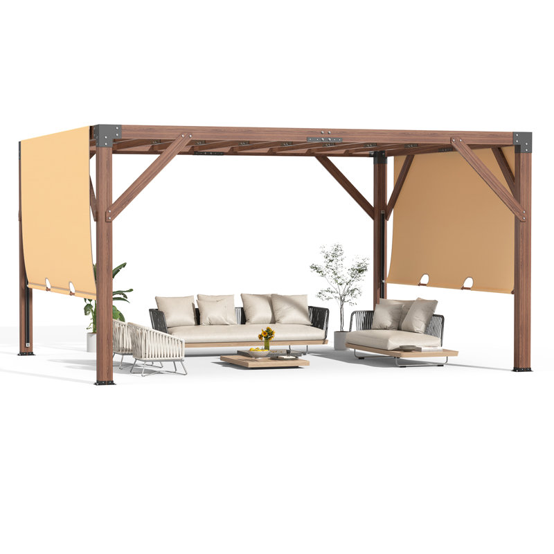 Pergola en bois 12 x 14 pi avec auvent rétractable pour parasol, structure solide, pergola d'extérieur pour la cour, la terrasse et le jardin (brun rougeâtre)