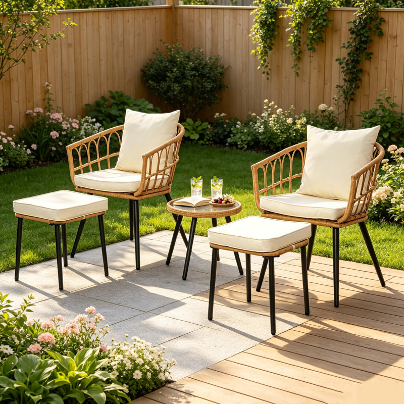 5 Piece Outdoor Patio Furniture Set, Patio Bistro Set With Ottoman, Beige Cushion/Natural Frame