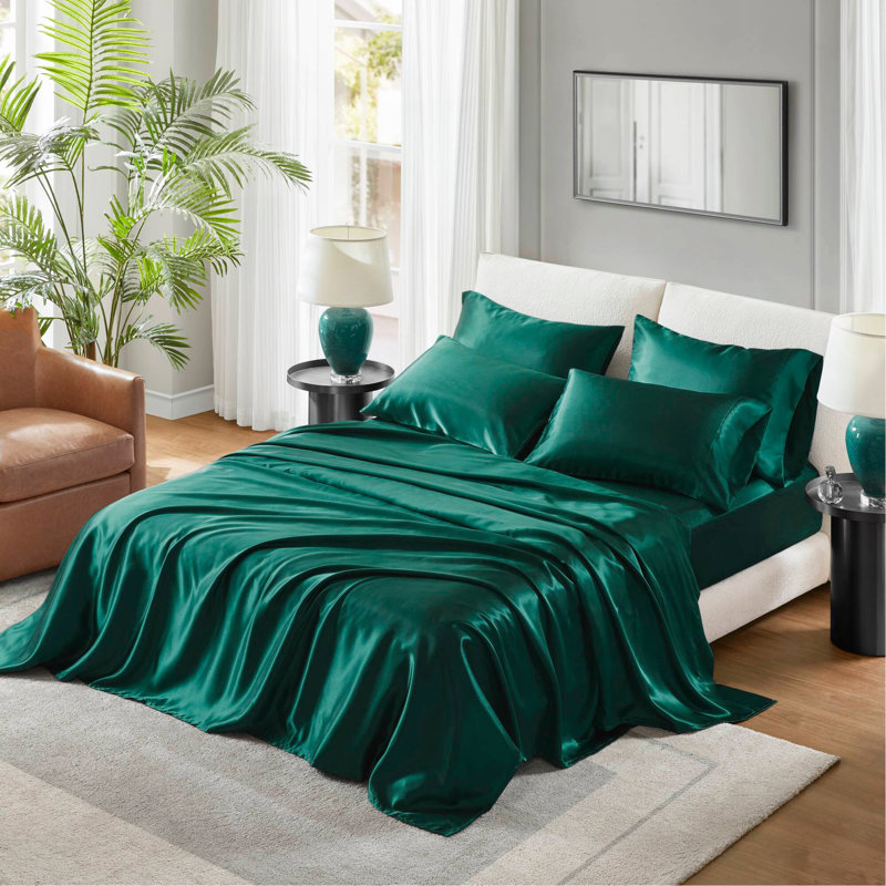 Ensemble de draps en satin de luxe, Couvre-lit double + 5 pièces supplémentaires, Émeraude