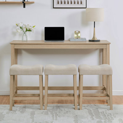 4 Piece Bar Table Set With Power Outlet,Bar Table Set With Chairs,Sofa Bar Table With Stools,Behind Couch Table With 3 Padded Stools For Living Room,Dining Room, Light Oak
