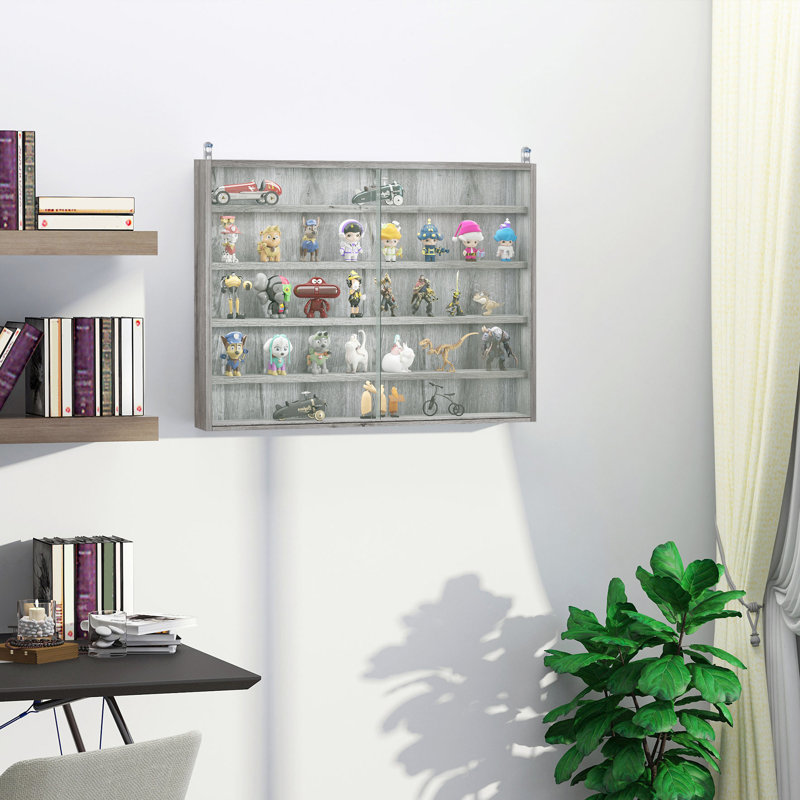 Gray Wood 5-Tier Wall-Mounted Display Cabinet with Glass Doors