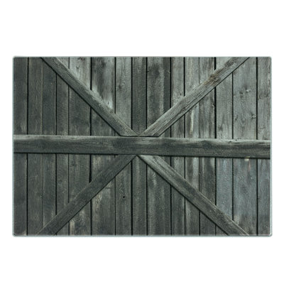 Ambesonne Country Tempered Glass Cutting Board Old Door Rustic Life Taupe