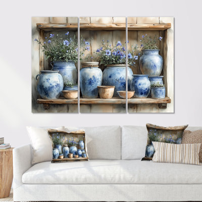 Floral Blue Potteries At The Farm III - Boho Pottery Wall Art Print Set
