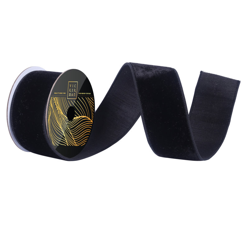 Ruban câblé en velours noir 2,5 po x 10 po Vickerman. Envers en dupion noir., Noir
