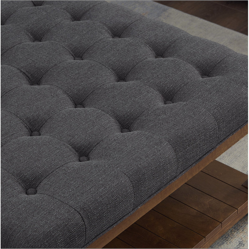 Grande table basse carrée avec repose-pieds en lin capitonné et grand repose-pieds avec tablette en bois massif - gris anthracite