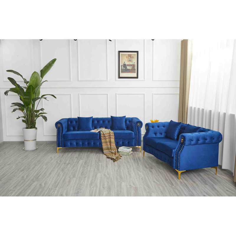  Ensemble de salon rembourré 2 pièces avec pieds en métal, Bleu